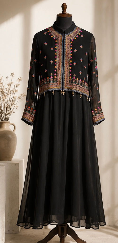 Midnight Noir Crinkle Chiffon 2-Piece Koti Set