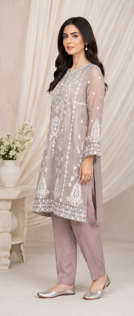 Grey White Printed Crinkle Chiffon | 2 Piece