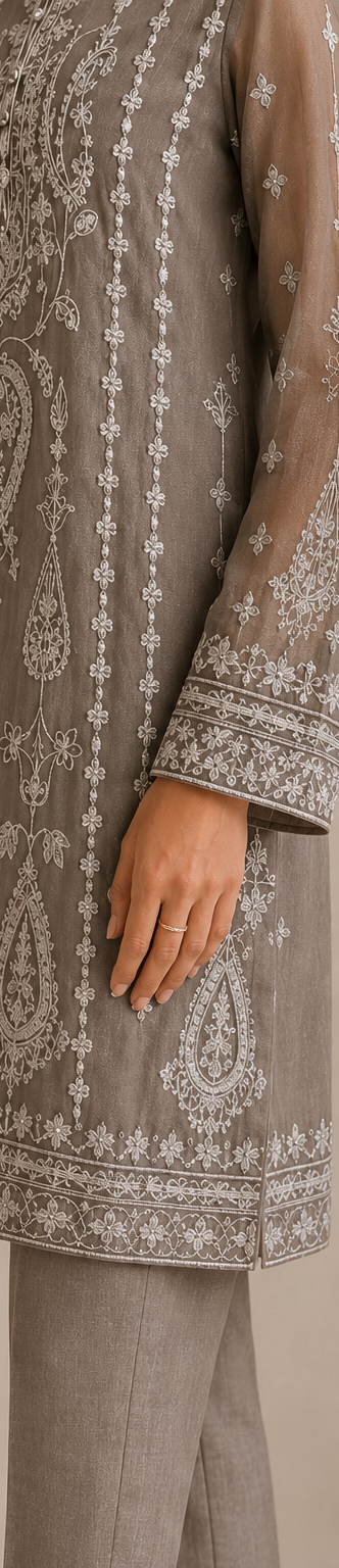 Grey luxury Chiffon Shirt And Silk Trouser