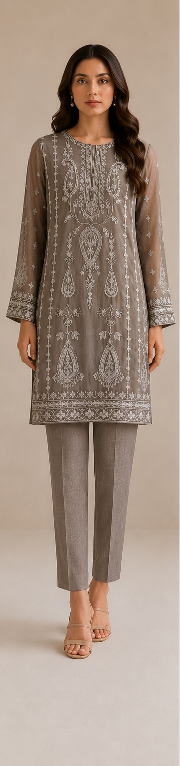 Grey luxury Chiffon Shirt And Silk Trouser