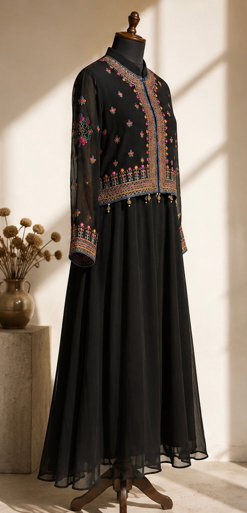 Midnight Noir Crinkle Chiffon 2-Piece Koti Set
