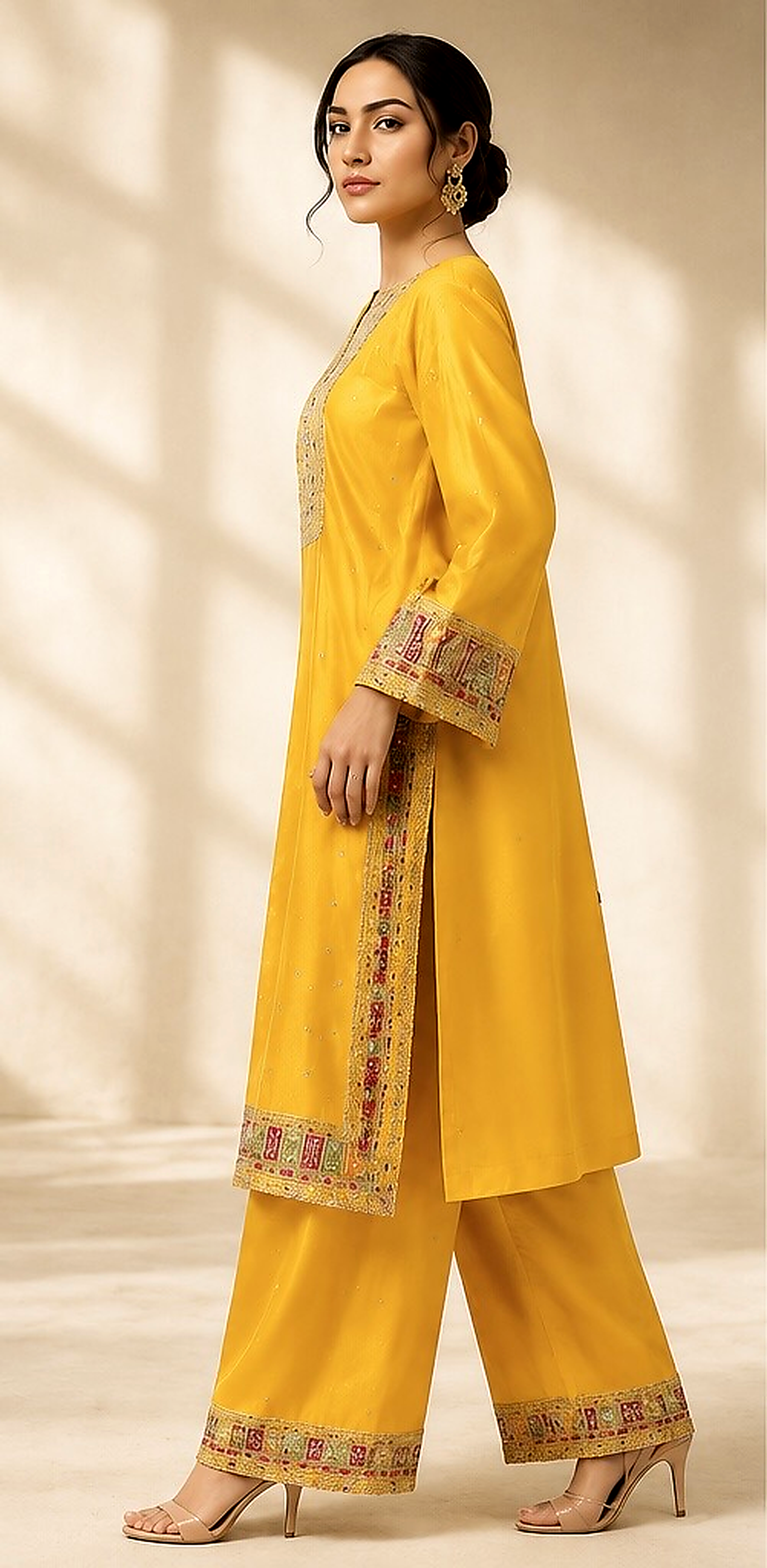 Embroidered Mustard Yellow 2 Piece Suit