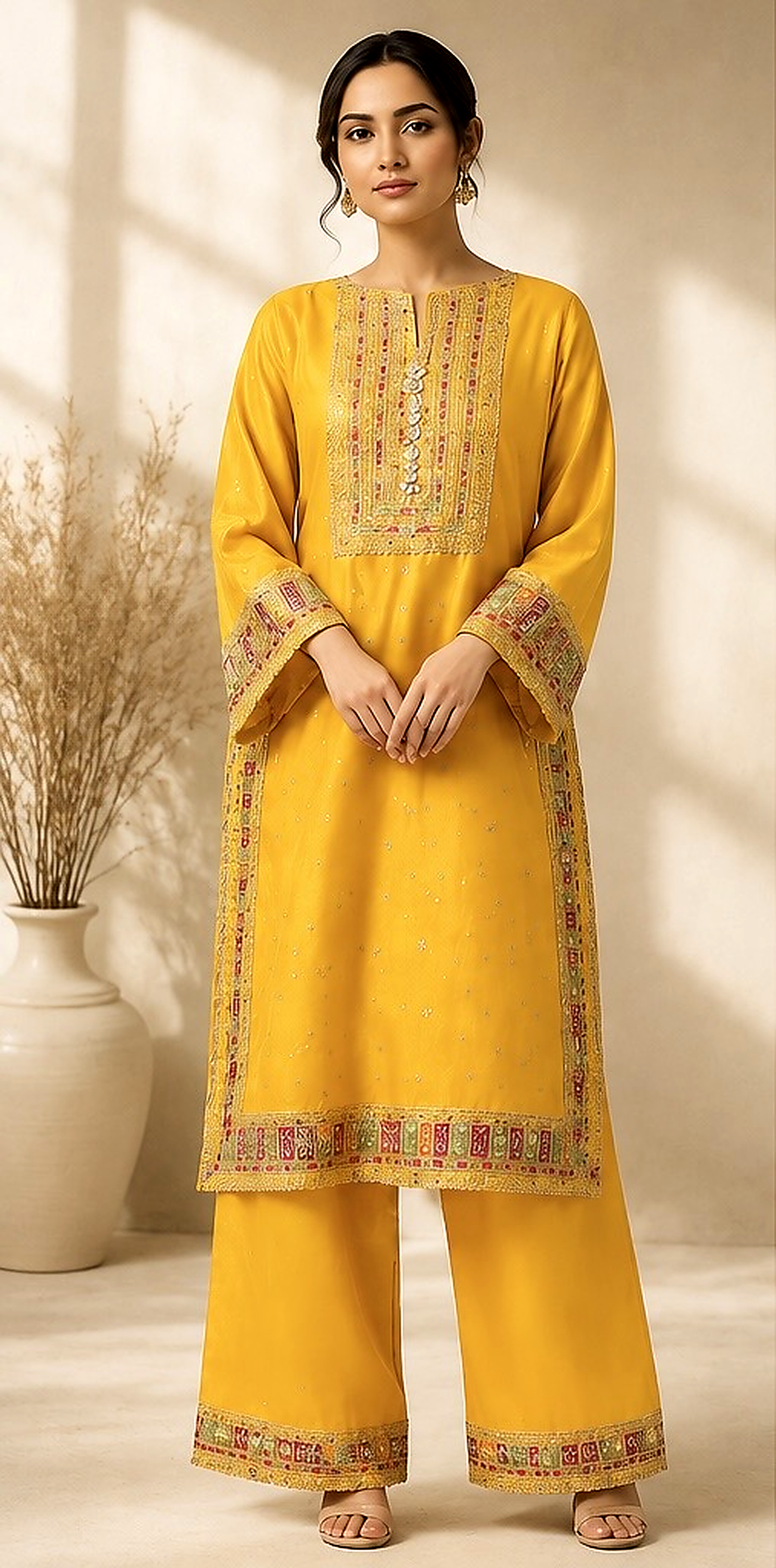 Embroidered Mustard Yellow 2 Piece Suit